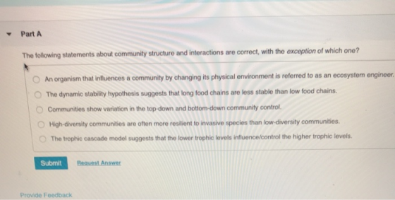 Part A The following statements about community structure and interactions are correct, with the exception of which one? An o