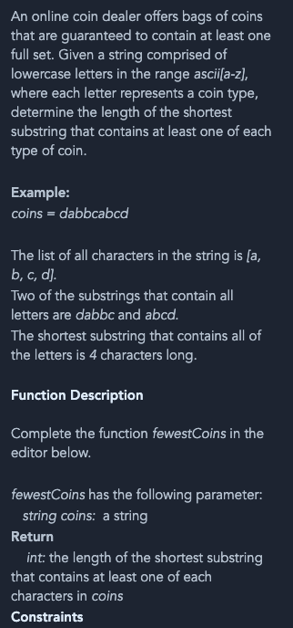 An online coin dealer offers bags of coins that are guaranteed to contain at least one full set. Given a string comprised of