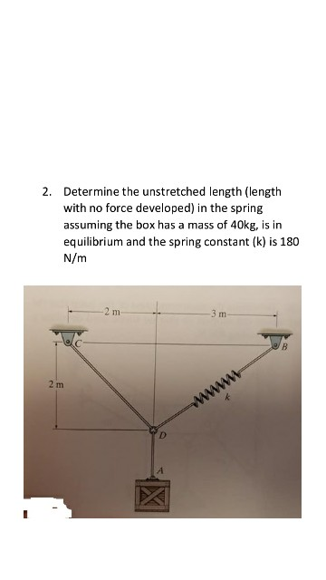 2. Determine the unstretched length (length with no force developed) in the spring assuming the box has a mass of 40kg, is in