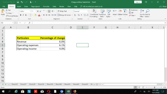 AutoSave ( Chegg working-September - Excel Sign in Insert Draw Page Layout FormulasData Review View Help lell me what you want to do Share Home Cut E Copy Σ AutoSum . A 11A A Wrap Text General e B 1 u . T . 2.A Conditional Format as Cell Insert Delete Format Formatting - Table - Styles -.- Sort & Find & Filter Select # t, Merge & Center . $ . % , dear. Clear Alignment Number ES Particulars Revenue Operating expenses Operating income Percentage of change 6.0% 6.1% 4.0% 4 10 12 13 15 Sheet35 Sheet27 Sheet28 Sheet36 Sheet38 Sheet40 Sheet41 Sheet42 Sheet43 Sh . 厤E匹- 140% 803 AM 10/1/2018