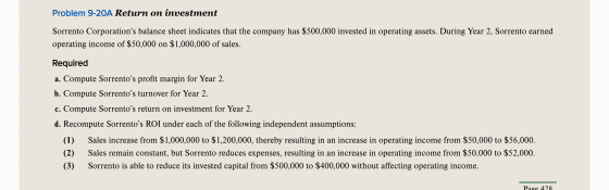 Problem 9-20A Return on investment Sorrento Corporations balance sheet indicates that the company has $500,000 invested in o
