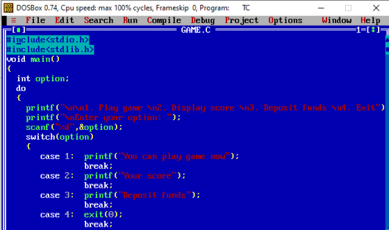 DOS BOX = DOSBox 0.74, Cpu speed: max 100% cycles, Frameskip 0. Program: TC Х File Edit Search Run Compile Debug Project Opti