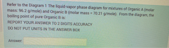Refer to the Diagram 1 The liquid-vapor phase diagram for mixtures of Organic A (molar mass: 96.2 g/mole) and Organic B (mola
