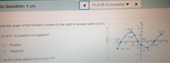 is Question: 4 pts 16 of 26 (0 complete) Use the graph of the function f shown to the right to answer parts (a)-(h). (-6,6) 8