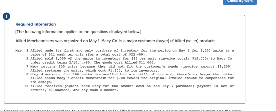 Check my work Required information [The following information applies to the questions displayed below.] Allied Merchandisers