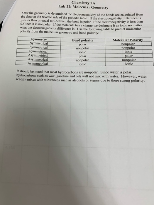 Chemistry 2A Lab 11: Molecular Geometry After the geometry is determined the electronegativity of the bonds are calculated fr