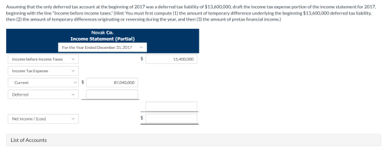 Assuming that the only deferred tax account at the beginning of 2017 was a deferred tax liability of $13,600,000, draft the i