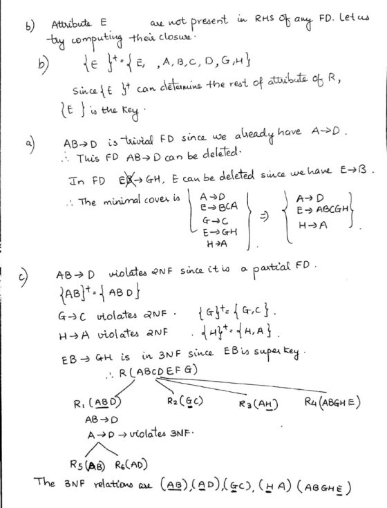 b) Attribute E are not present in Rhs of any FO. Letus try computing their closure! b) te ]={E, ,A,B,C, D, G,4} Since tt yt c