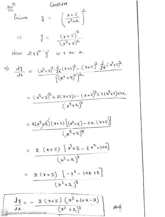 - soin consider Consider x+5 ) Criven 2+2 x+5 (2+22 Now diffo y worto a se = (x2+2) bota ( 4 4532_ (4+58 it (7428 [(x2+2)aj
