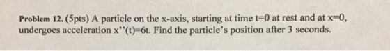 Problem 12. (5pts) A particle on the x-axis, starting at time t=0 at rest and at x=0, undergoes acceleration x”(t)=6t. Find t