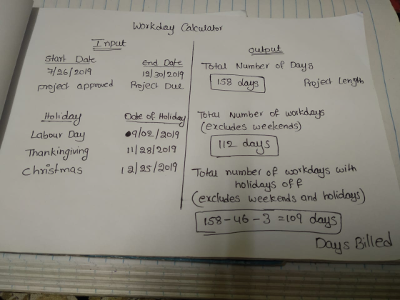 Input Start Date 7/26/2019 project approved Workday Calculator output End Date Total Number of Days 12/30/2019 Project Due [1