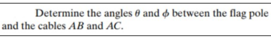 Determine the angles 6 and between the flag pole and the cables AB and AC.