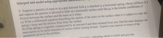 Interpret and model using appropriate Mathem 5) Suppose a particle of mass m in a gravitational feld g is atached to a horizo