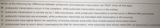 of the following key differences between prokaryotic and eukaryotic transcription are TRUE? Check all that apply prokaryotic