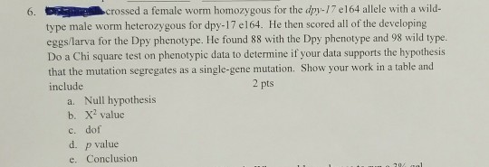 6. crossed a female worm homozygous for the dpy-17 e164 allele with a wild- type male worm heterozygous for dpy-17 el64. He then scored all of the developing eggs/larva for the Dpy phenotype. He found 88 with the Dpy phenotype and 98 wild type. Do a Chi square test on phenotypic data to determine if your data supports the hypothesis that the mutation segregates as a single-gene mutation. Show your work in a table and include 2 pts a. Null hypothesis b. X2 value c. dof d. p value e. Conclusion