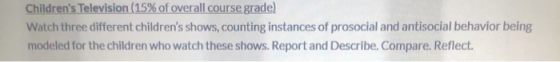 Childrens Television (15% of overall course grade) Watch three different childrens shows, counting instances of prosocial a