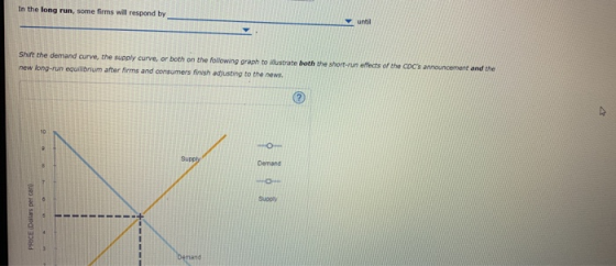 In the long run, some firms will respond by until Shift the demand curve, the supply curve, or both on the following qraph to