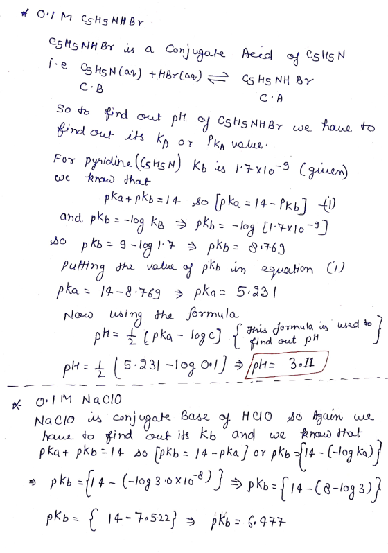 * OIM CSHE NH Br. CSHS NH Br is a conjugate feed of eg Hg N ice Cg HS N (aq) + Horlaq) = Cs HS NH BY 1. C.B CA So to find ou