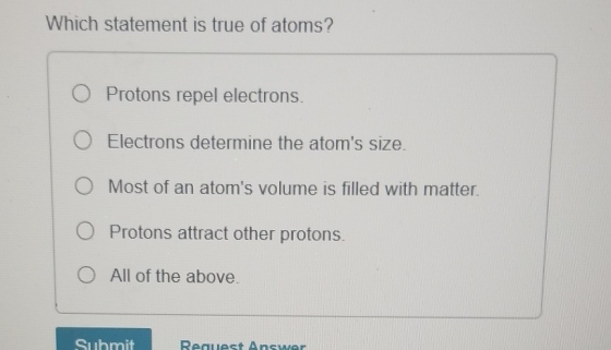 Which statement is true of atoms? O Protons repel electrons. Electrons determine the atoms size. O Most of an atoms volume