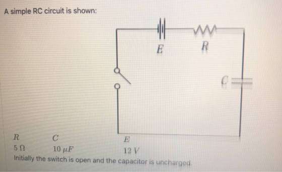 A simple RC circuit is shown: 522 10 uF 12 V Initially the switch is open and the capacitor is uncharged.