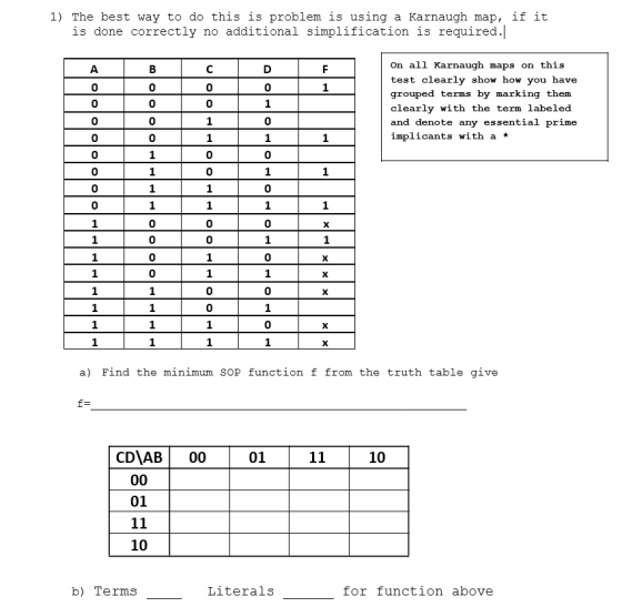 1) The best way to do this is problem is using a Karnaugh map, if it is done correctly no additional simplification is required.| On all Karnaugh maps on this test clearly show how you have grouped terms by marking them clearly with the term labeled and denote any essential prime implicants with a * 0 0 0 0 0 0 0 0 0 a) Find the minimum SOP function f from the truth table give CD AB 0001 10 01 10 Literal for function above b) Terms