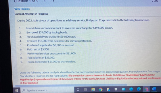 Question 1 of 5 View Policies Current Attempt in Progress During 2022, its first year of operations as a delivery service, Br