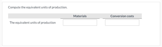 Compute the equivalent units of production. Materials Conversion costs The equivalent units of production