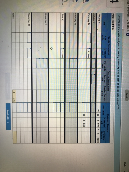 Homework - Chapter 5 0 Help Determine the costs assigned to ending Inventory and to cost of goods sold using FIFO, 1 Perpetua