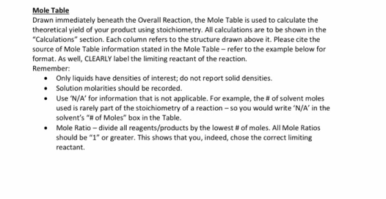 Mole Table Drawn immediately beneath the Overall Reaction, the Mole Table is used to calcu late the theoretical yield of your