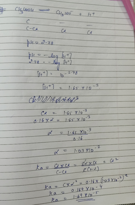 # Cholt - CH₂ ou +44 cea a 42 9.78 pH = -log 4+ 7 2.78 = -log [4] [ht] = 1.658 10- ca = 1.658103 0.1682 a 1.658 10-3 - d 21.6