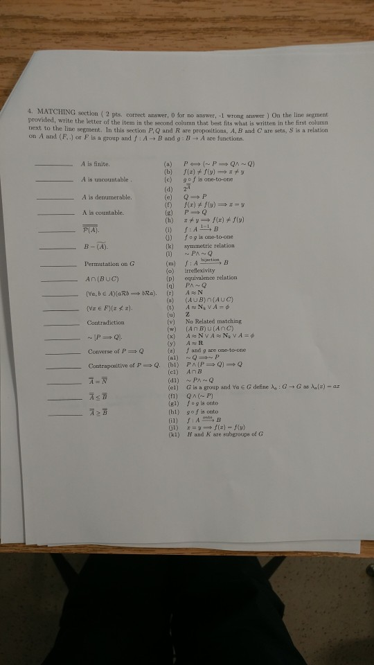 4. MATCHING section ( 2 pts. correct answer, 0 for no answer, -1 wrong answer provided, write the letter of the item in the s