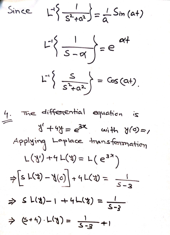 Swe cਤੋਂ 4SH (+) 525-ajte at Elektrons = cos cars. 4. The differential equation is - y+4y= ex with y(o)=1 - Applying Laplace