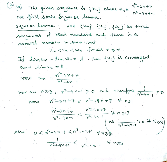 The son honnence , -3n+7 We first state Squeeze lemma.. squeeze lemma: Let {un}, {vn}, {wn] be three sequences of real number
