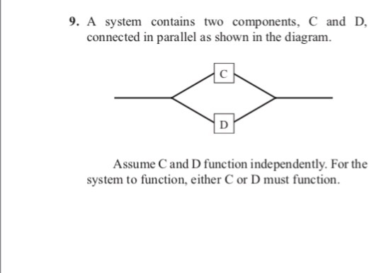 9. A system contains two components, C and D, connected in parallel as shown in the diagram. Assume C and D function independently. For the system to function, either C or D must function.