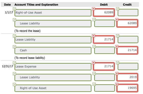 Date Account Titles and Explanation Debit Credit 1/1/17 Right-of-Use Asset 62089 Lease Liability 62089 (To record the lease)