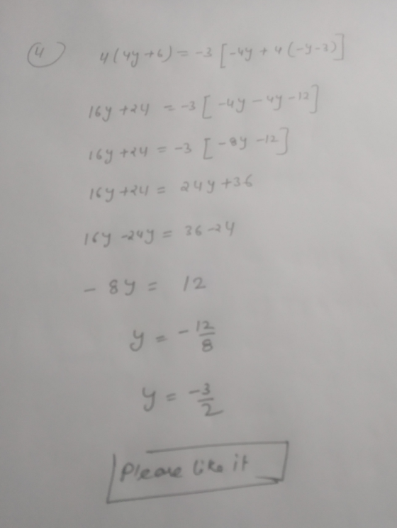 4lug me)=-3[-vy +u(-3-2)] 16y +24 -12 16y +24=-3 %3D IKy+R4 = 24y+36 Try -24y = 3624 -8y= 12 12 Pleave Cike it