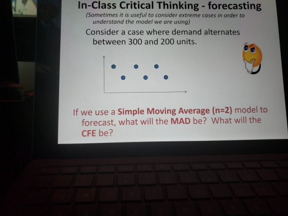 In-Class Critical Thinking - forecasting (Sometimes it is useful to consider extreme cases in order to understand the model we are using) Consider a case where demand alternates between 300 and 200 units. If we use a Simple Moving Average (n-2) model to forecast, what will the MAD be? What will the CFE be?
