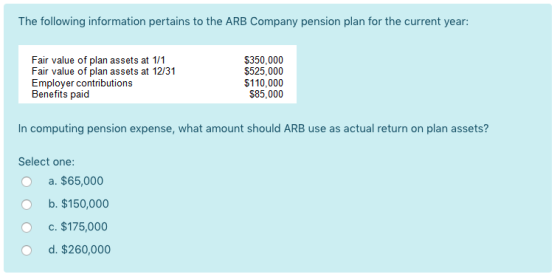 The following information pertains to the ARB Company pension plan for the current year: Fair value of plan assets at 1/1 Fai