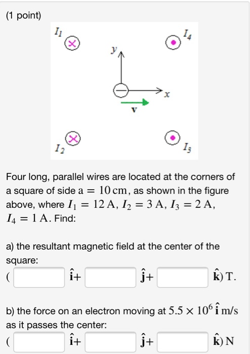 (1 point) O 13 Four long, parallel wires are located at the corners of a square of side a = 10 cm, as shown in the figure abo