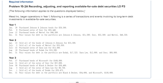Required information Problem 15-2A Recording, adjusting, and reporting available-for-sale debt securities LO P3 (The followin