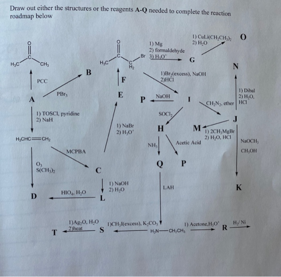 Draw out either the structures or the reagents A-Q needed to complete the reaction roadmap below 1) CuLi(CH-CH(), 0 2) H.O 1)