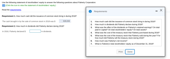 Use the following statement of stockholders equity to answer the following questions about Flaherty Corporation: (Click the
