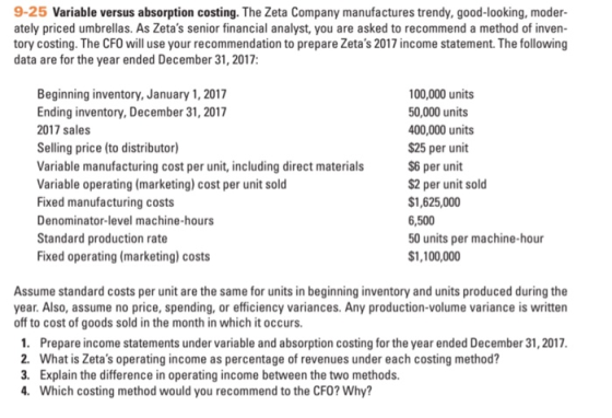 9-25 Variable versus absorption costing. The Zeta Company manufactures trendy, good-looking, moder- ately priced umbrellas. A