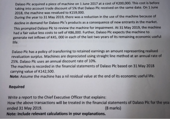 Dalaso Plc acquired a piece of machine on 1 June 2017 at a cost of K200,000. This cost is before taking into account trade di