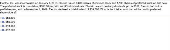 Electric, Inc. was incorporated on January 1, 2016. Electric issued 9,000 shares of common stock and 1,100 shares of preferre