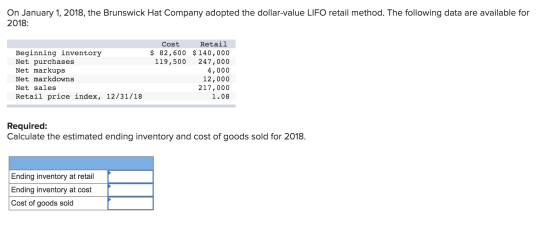 On January 1, 2018, the Brunswick Hat Company adopted the dollar-value LIFO retail method. The following data are available f
