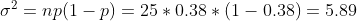 \sigma^2 = np (1-p) = 25*0.38*(1-0.38) = 5.89