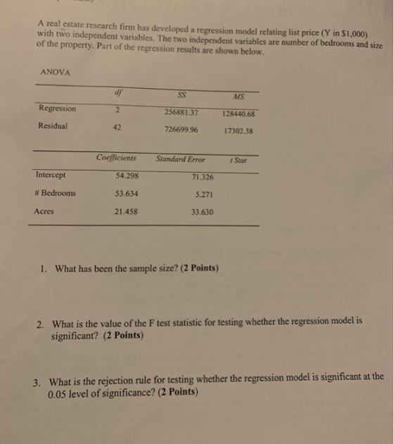 A real estate research firm has developed a regression model relating list price (Y in 1,000) with two independent variables.