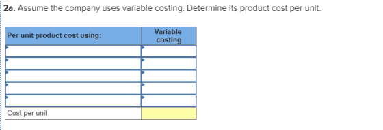 20. Assume the company uses variable costing. Determine its product cost per unit. Variable costing Per unit product cost using: Cost per unit