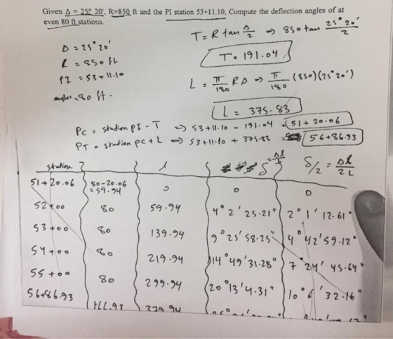 190 Given A - 250 20, R 850 ft and the PI station 53+11.10, Compute the deflection angles of at even 80 ft stations. T= R tan